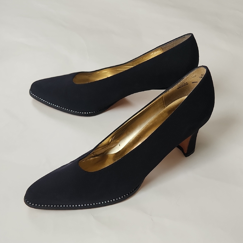 8 1/2 Black Heels, Rhinestone Trim, Sexy Heel Leather Sole Apostrophe Piccolo